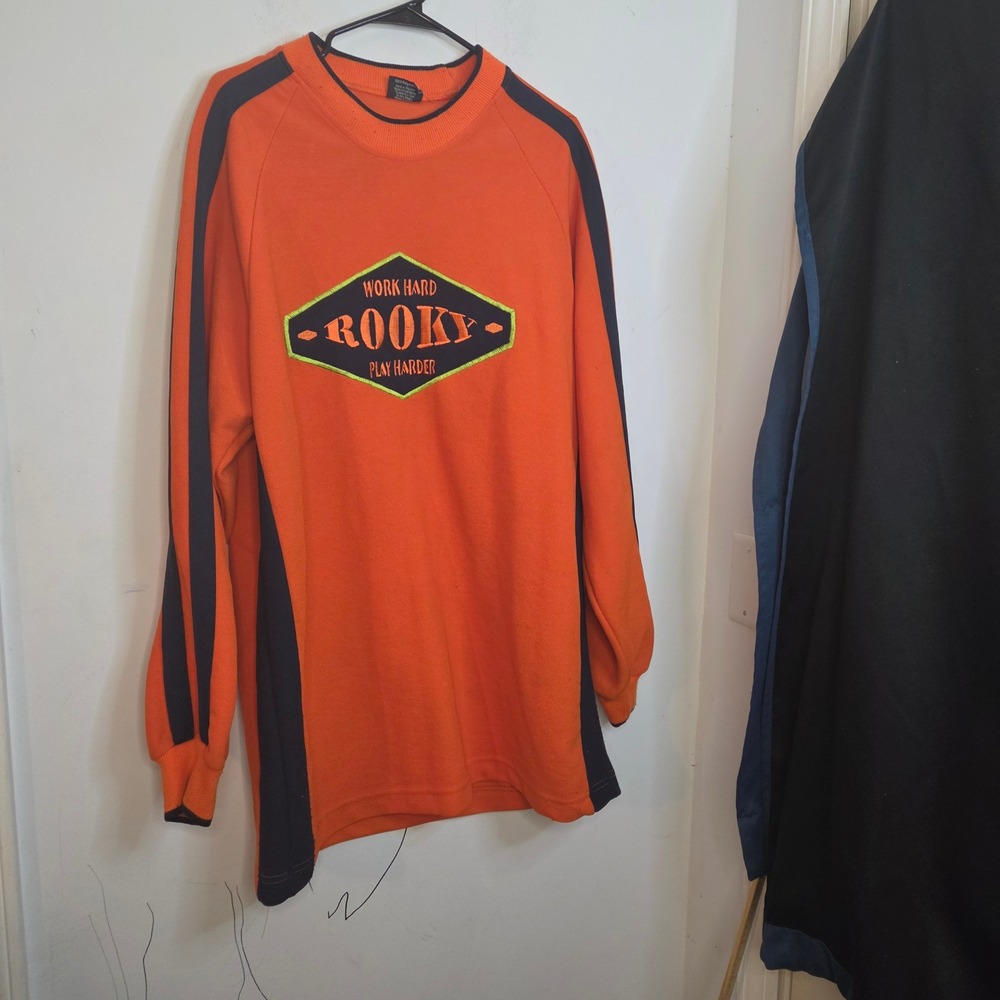 Vintage Rooky Mens XXL Orange Navy Blue Long Sleeve Graphic Athletic Shirt USA